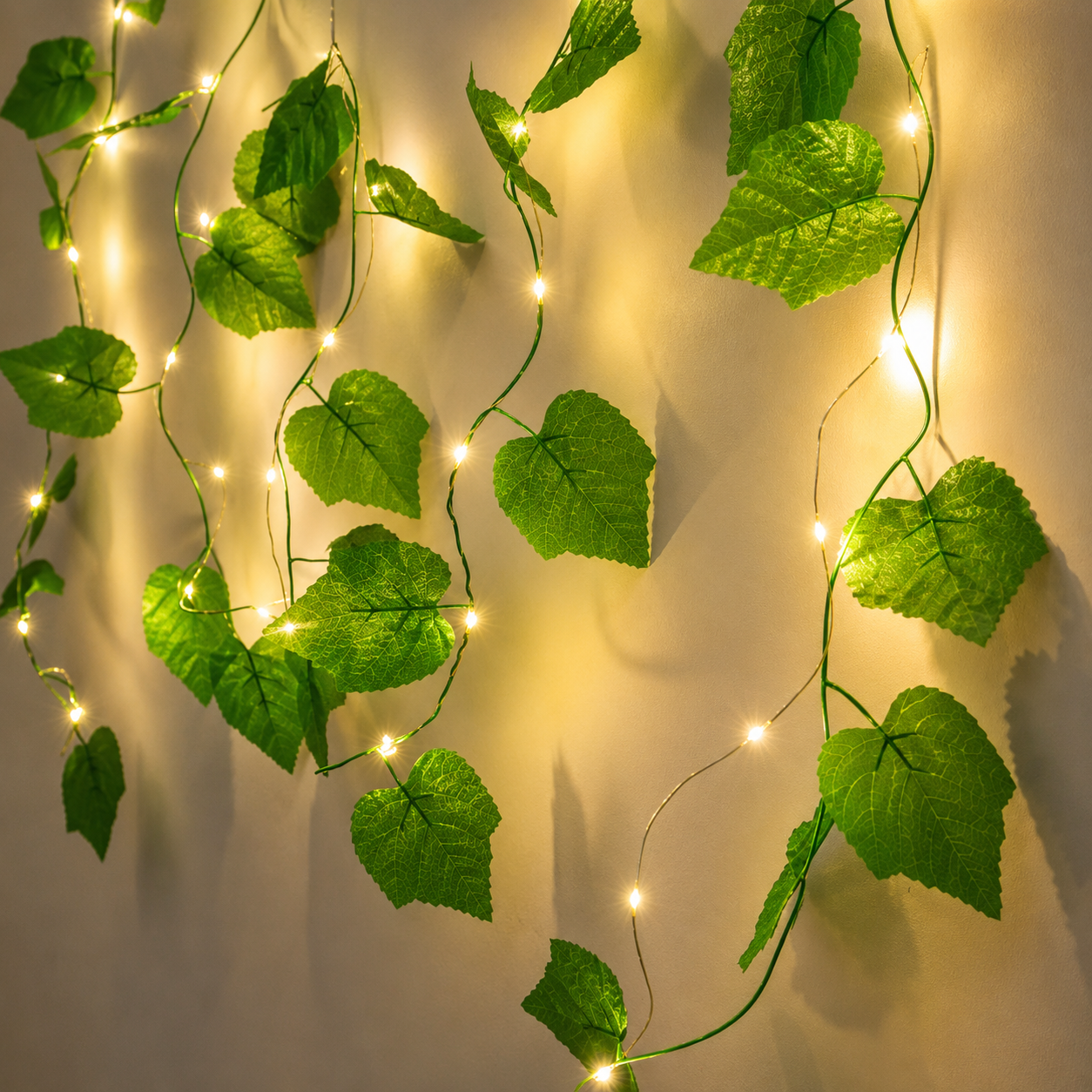 Decorative string lights with green leaf-like strands on a plain background