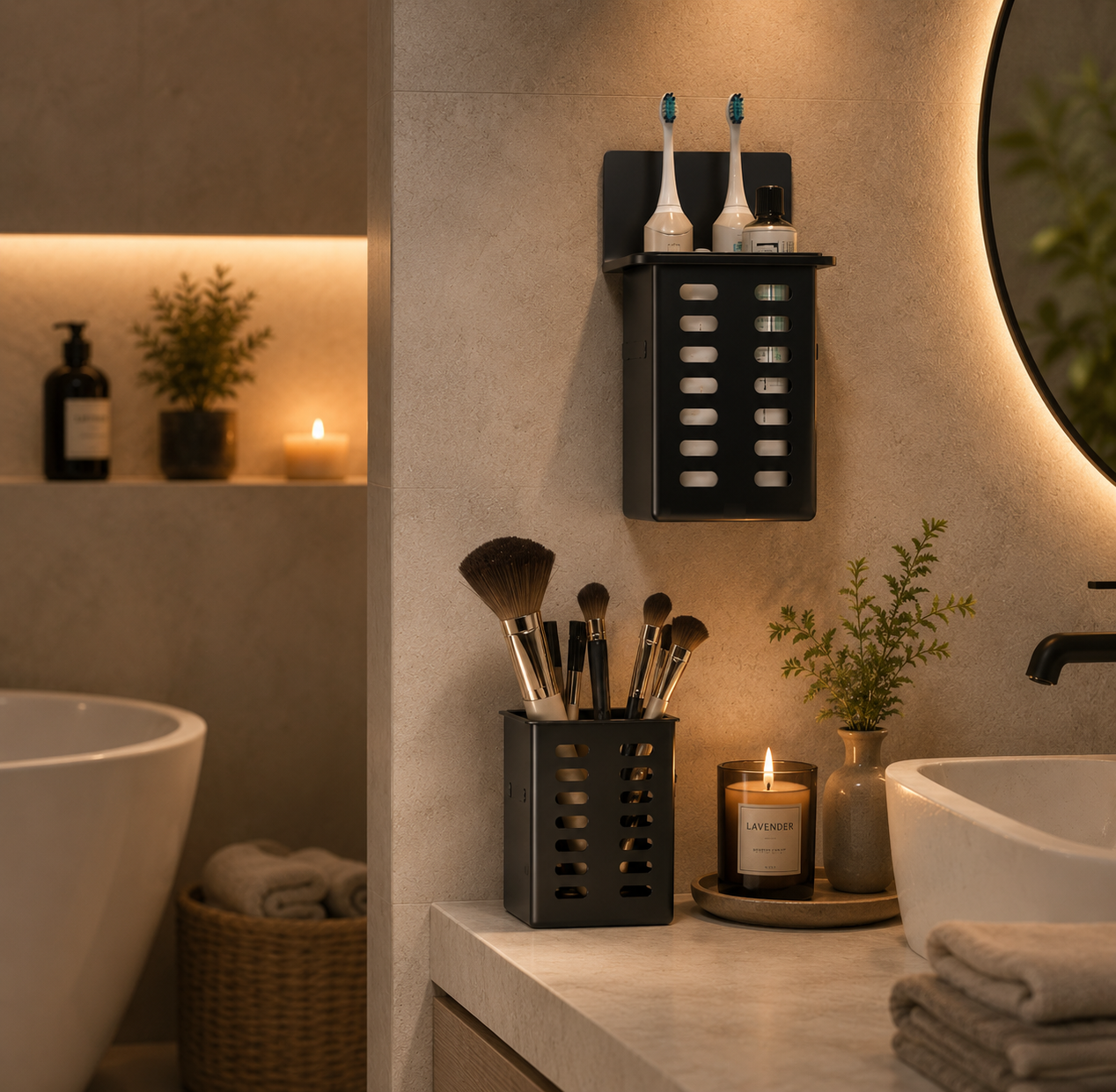 Bathroom setting with toothbrush holder, makeup brushes, and candle.