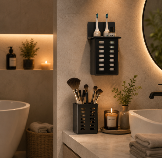 Bathroom setting with toothbrush holder, makeup brushes, and candle.