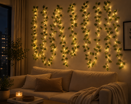 Living room with decorative string lights spelling 'LOVE' on a wall above a sofa.